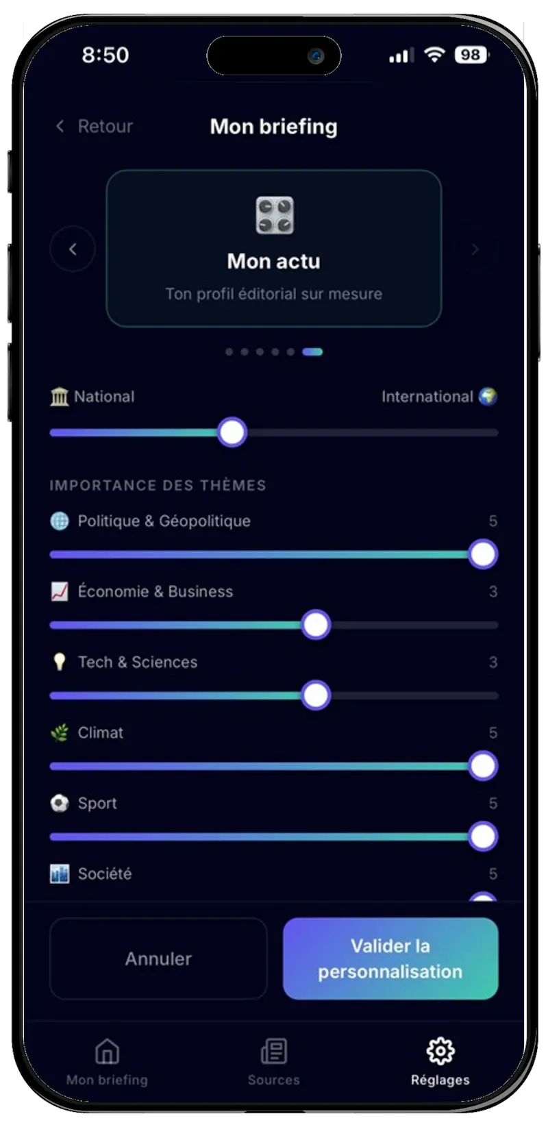 Personnalisation de l'importance des thèmes dans l'application Briefway
